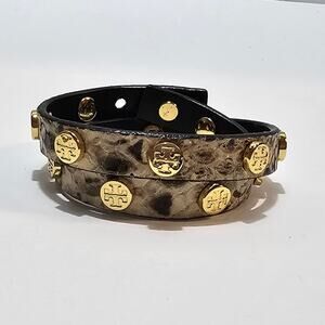 Tory Burch Snakeskin Black & Brown Leather Logo Studded‎ Double Wrap Bracelet